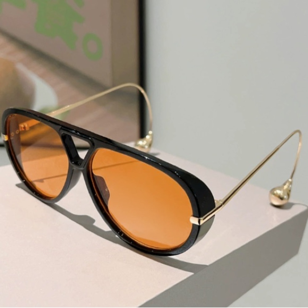 Black Frame Sunglasses with Amber Lenses and Gold Temples